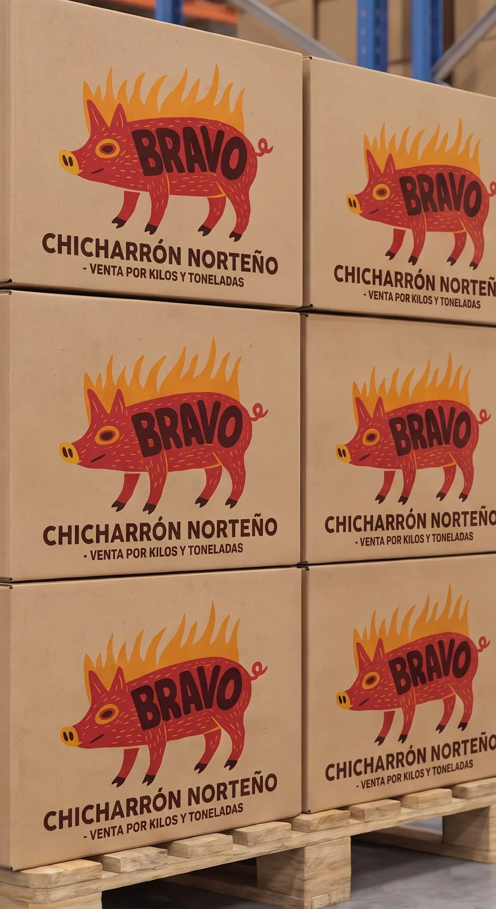 Tarima de cajas de chicharrón norteño Bravo en almacén