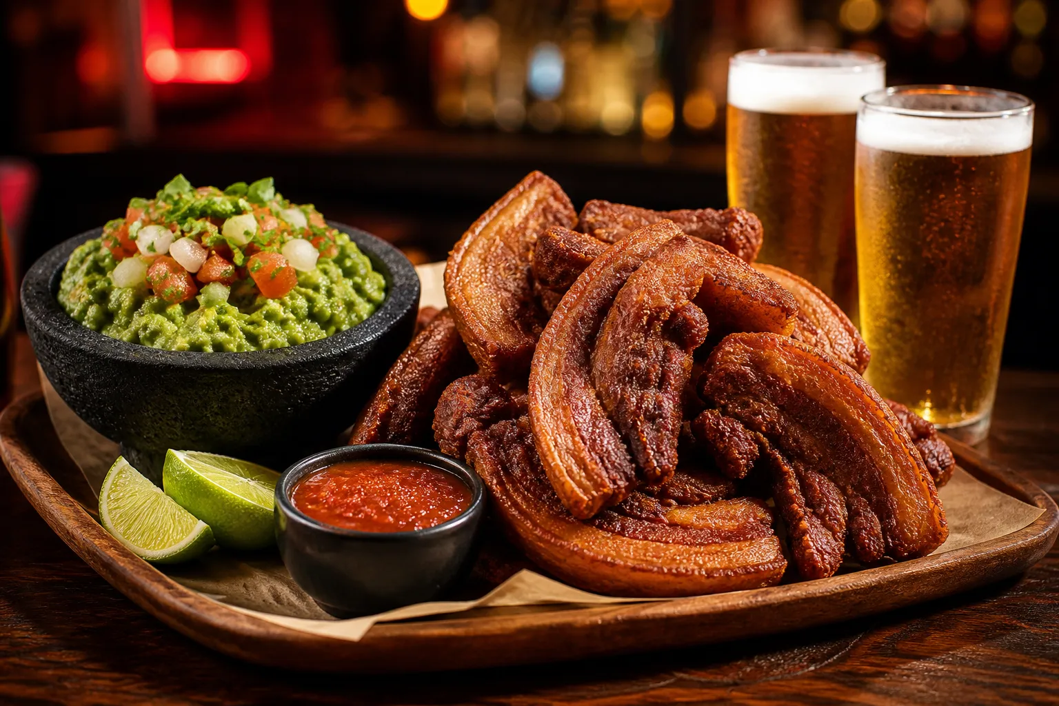 Botana de chicharrón con guacamole, salsa y cerveza