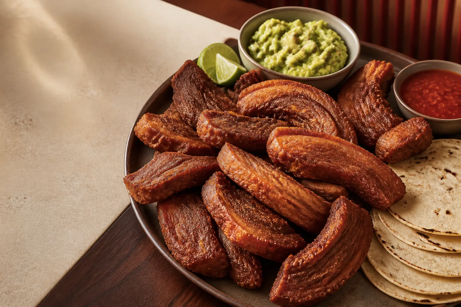 Chicharrón norteño Bravo servido con guacamole, salsa y tortillas