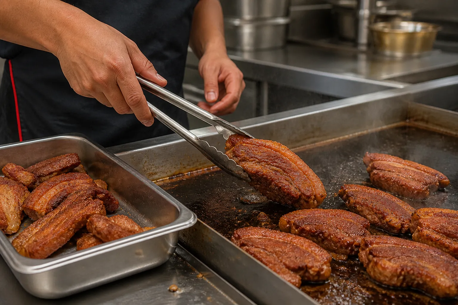 Preparación de chicharrón norteño sobre una plancha profesional